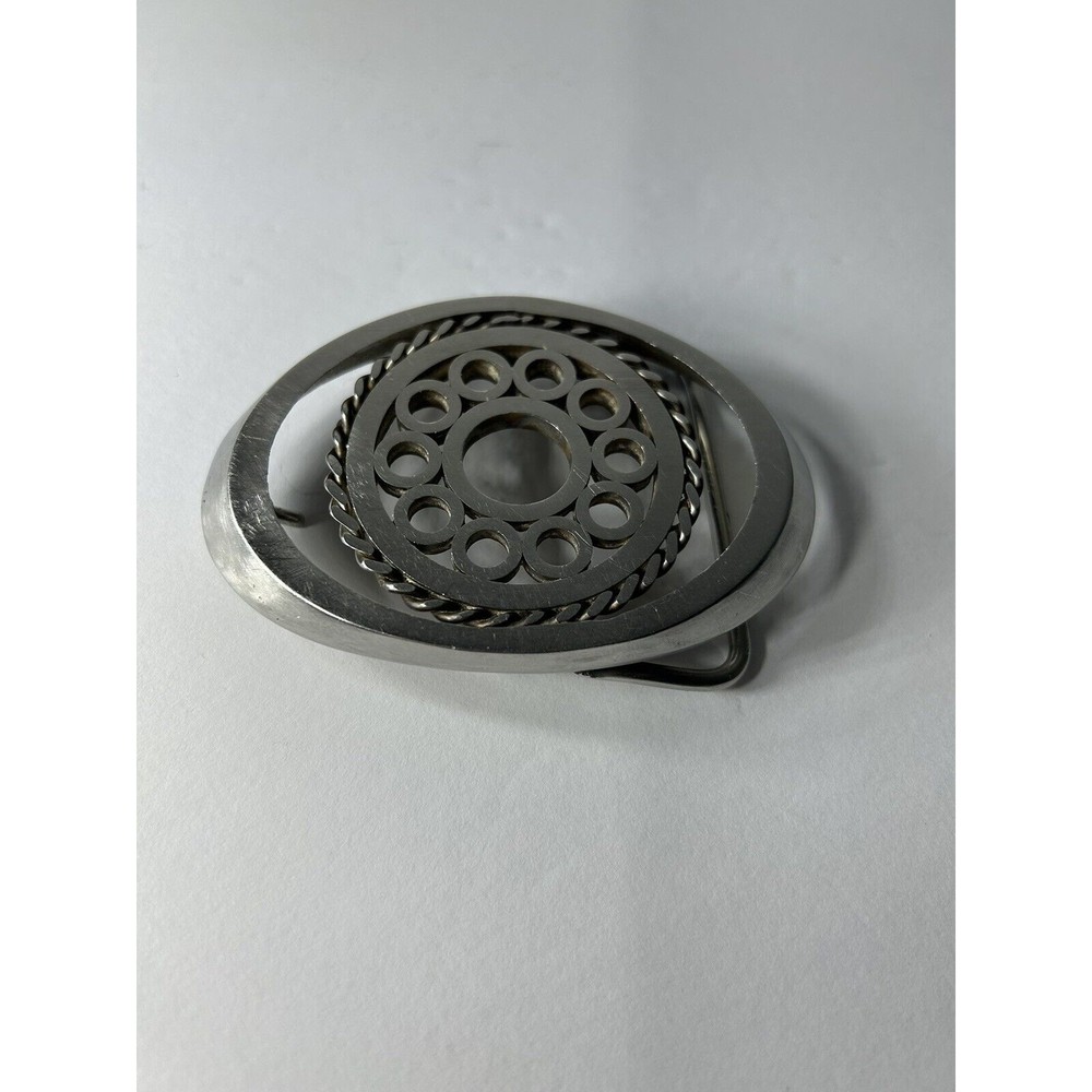 Vintage Silvertone Belt Buckle with Circles Rings Twisted Rope Braided Design